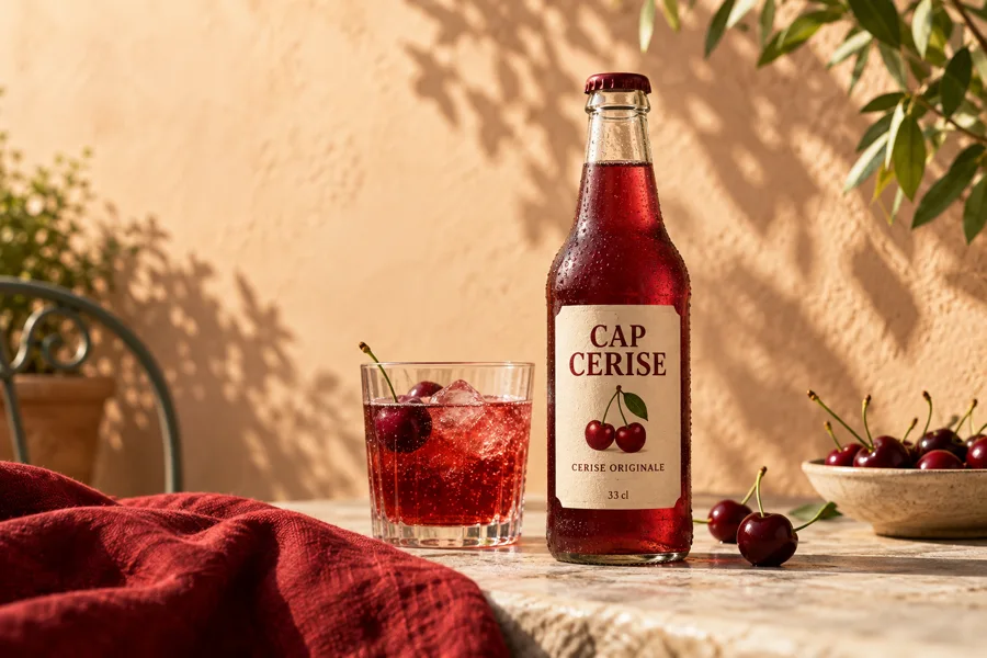 Bouteille Cerise Originale et verre de limonade, sur une table ensoleillée